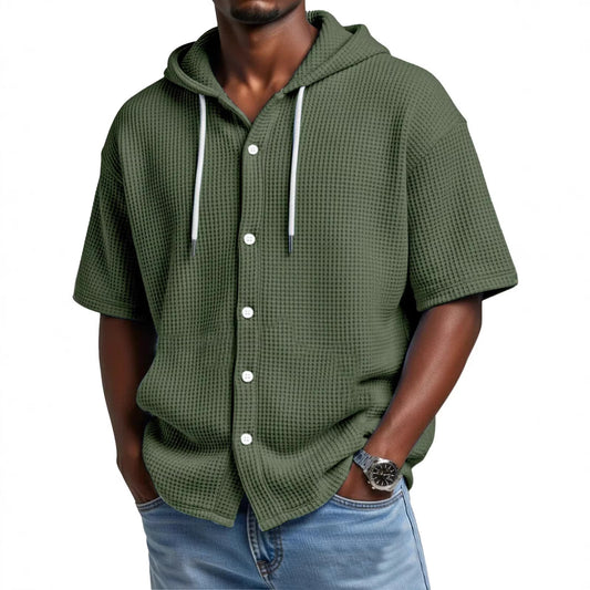 Casual Waffle Weave Hooded Short-Sleeve Top