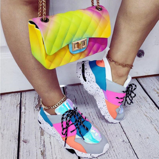 New Sports Shoes, Casual And Comfortable, Flat-Bottomed Color Matching Lace-Up Casual Shoes, Thick-Bottomed Large Size Running Shoes