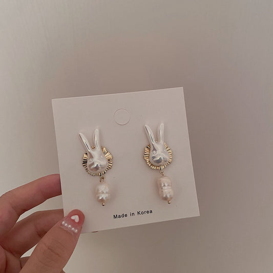 925 Silver Needle Cute Pearl Bunny