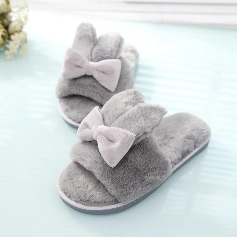 Home Furry Slippers Female Bow Rabbit Ears