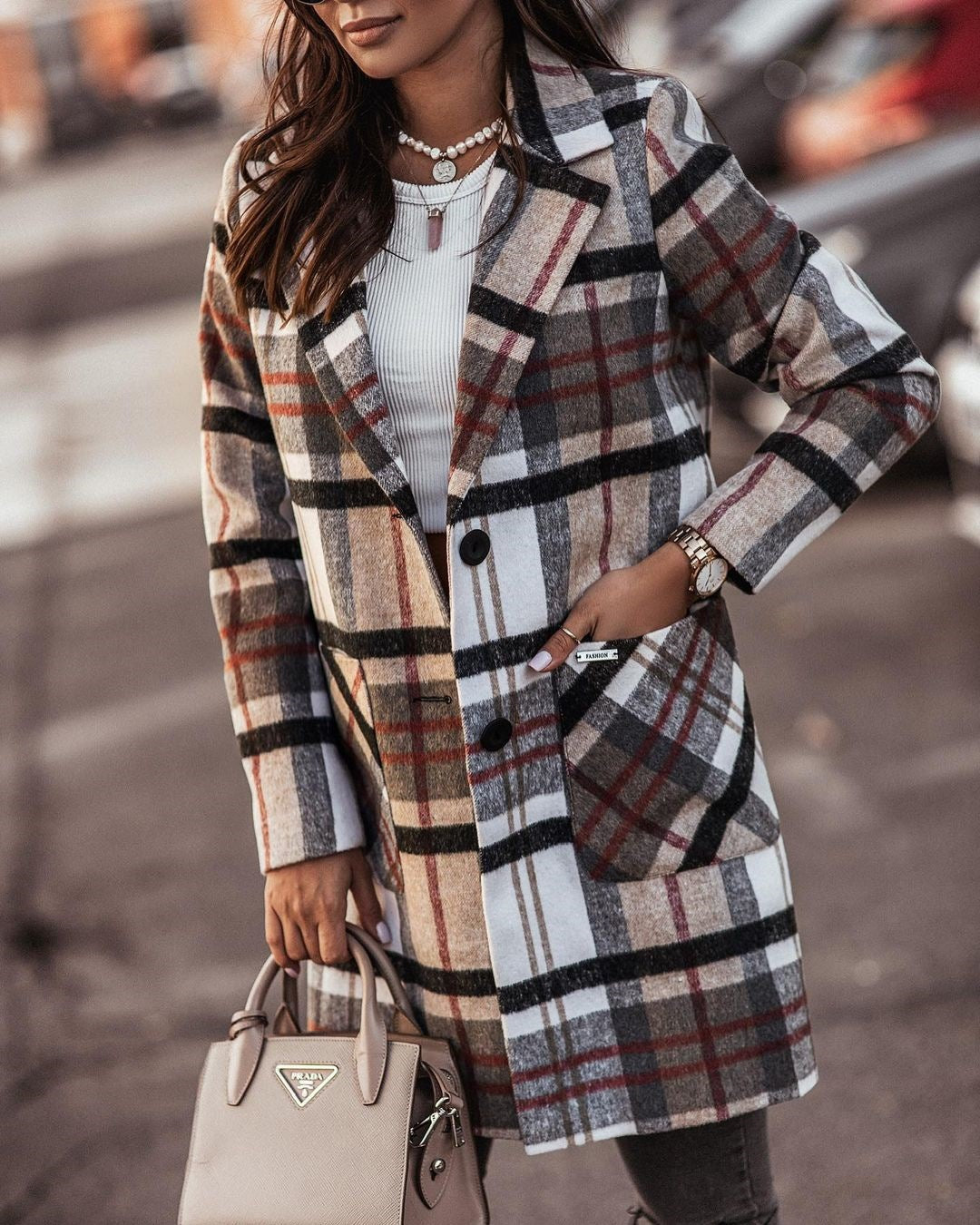 Long-sleeved Button Printed Woolen Coat