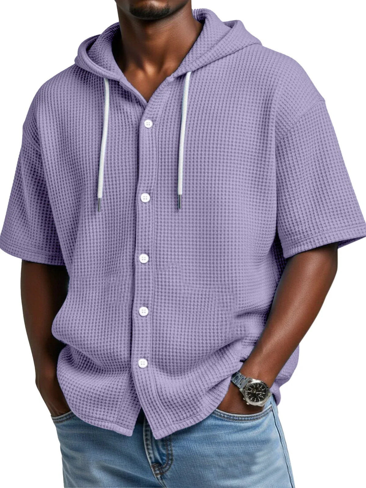 Casual Waffle Weave Hooded Short-Sleeve Top