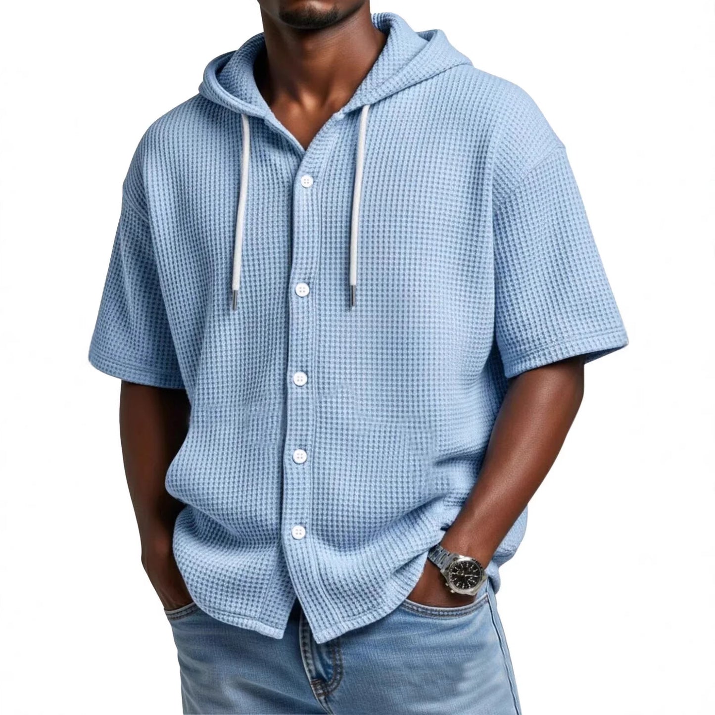 Casual Waffle Weave Hooded Short-Sleeve Top