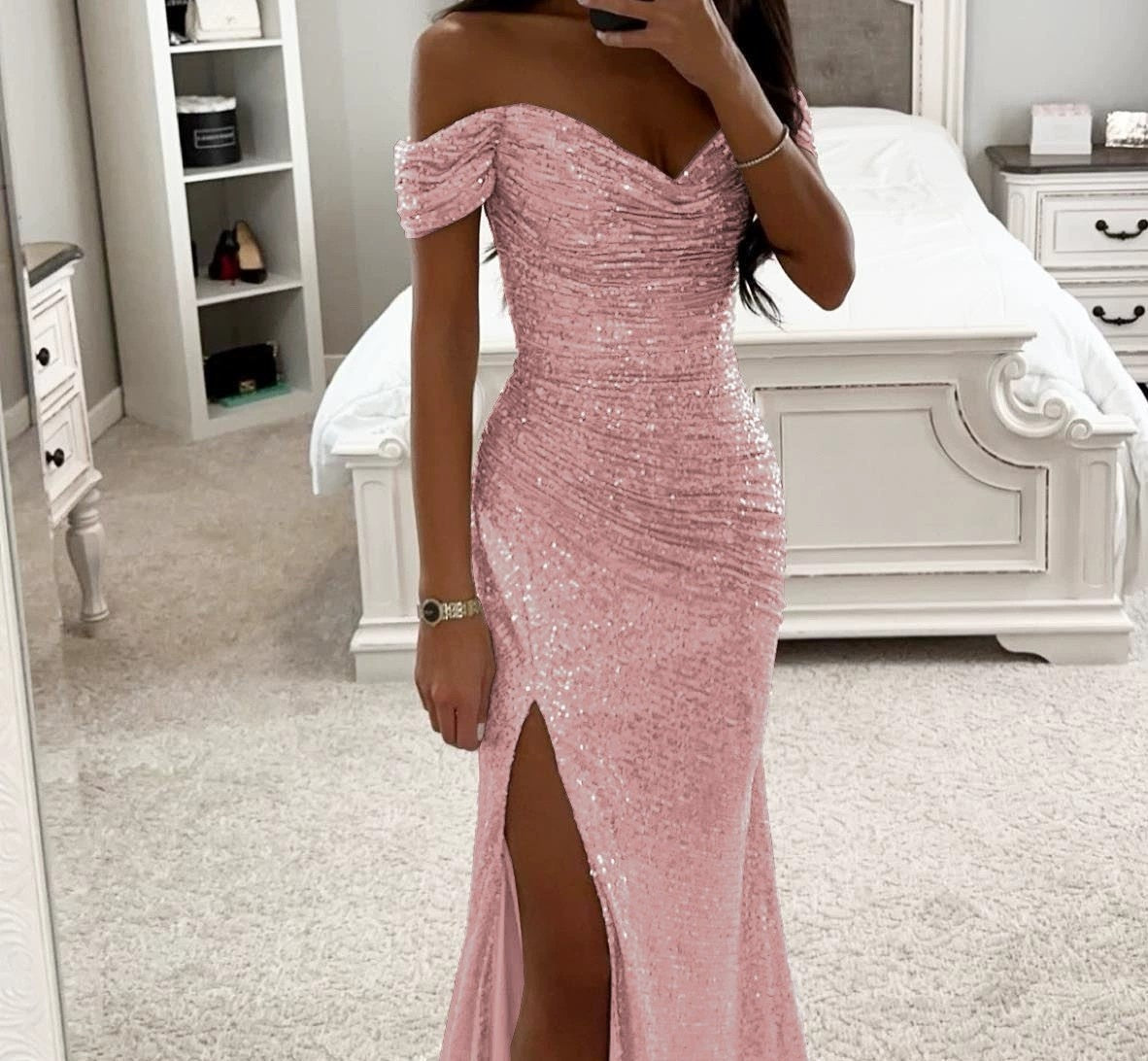 Party Sequins Off-neck Split Dress