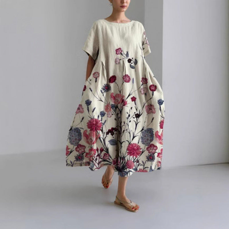 Women's Loose Round Neck Fashion Premium Short Sleeve Printed Dress