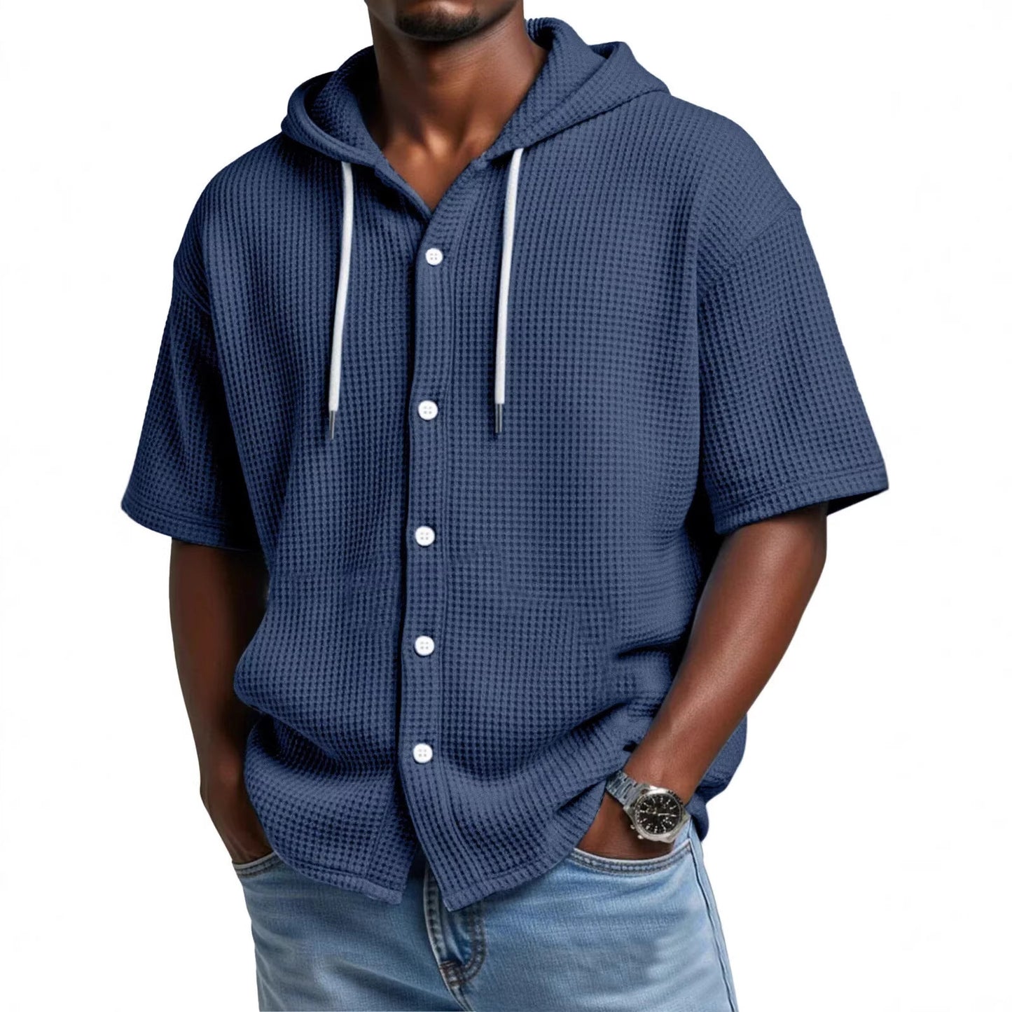 Casual Waffle Weave Hooded Short-Sleeve Top