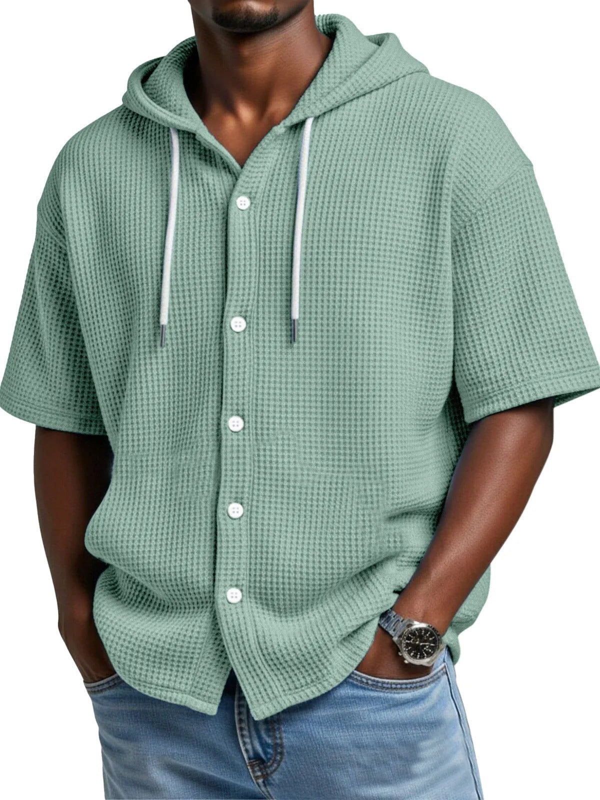 Casual Waffle Weave Hooded Short-Sleeve Top