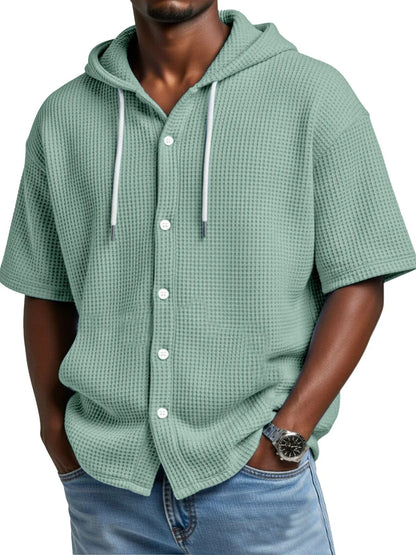 Casual Waffle Weave Hooded Short-Sleeve Top