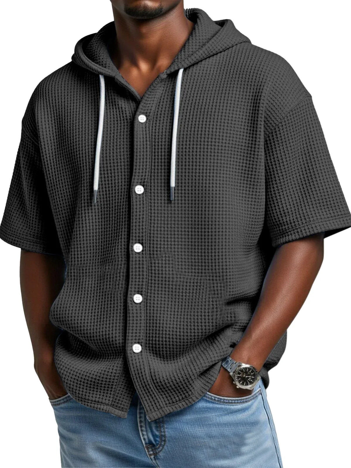 Casual Waffle Weave Hooded Short-Sleeve Top