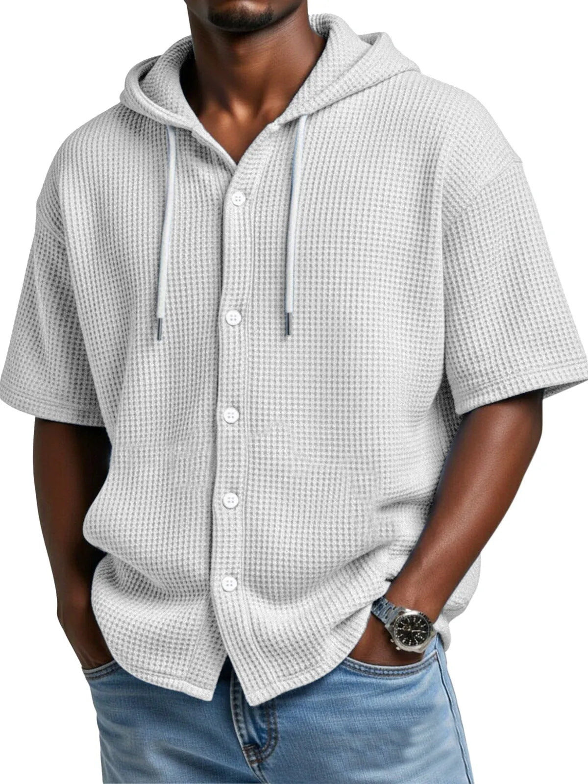 Casual Waffle Weave Hooded Short-Sleeve Top