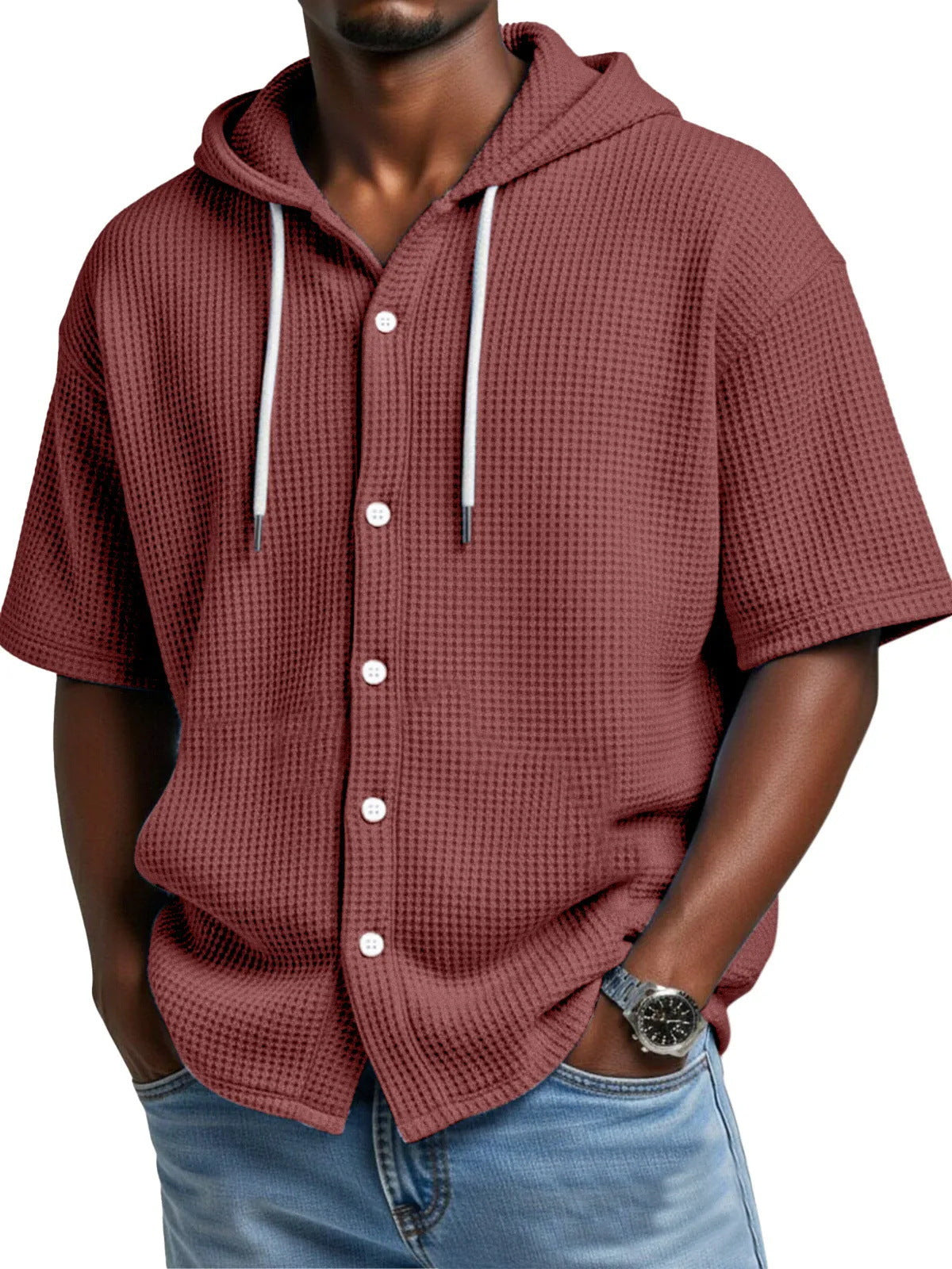 Casual Waffle Weave Hooded Short-Sleeve Top