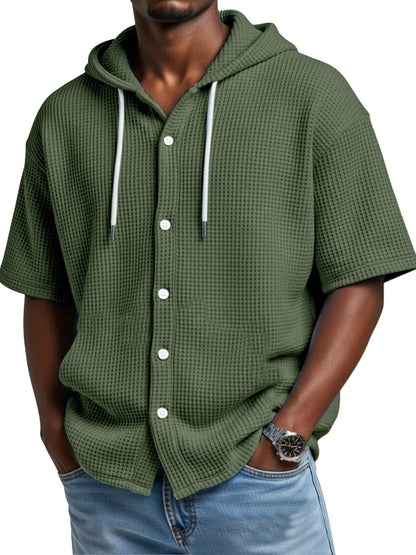 Casual Waffle Weave Hooded Short-Sleeve Top