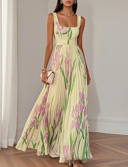 Floral Print Pleated Dress Summer A-Line Sleeveless Midi Dresses Women's Clothing