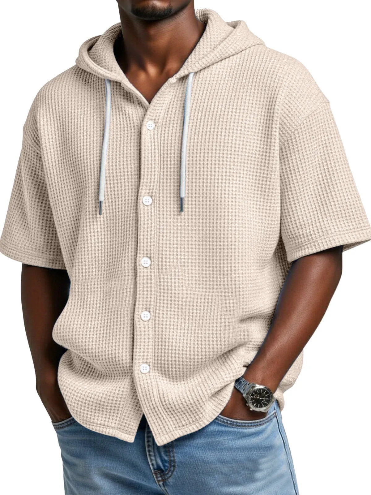 Casual Waffle Weave Hooded Short-Sleeve Top