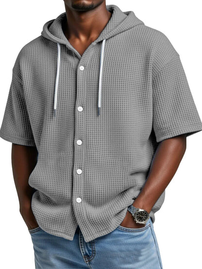 Casual Waffle Weave Hooded Short-Sleeve Top