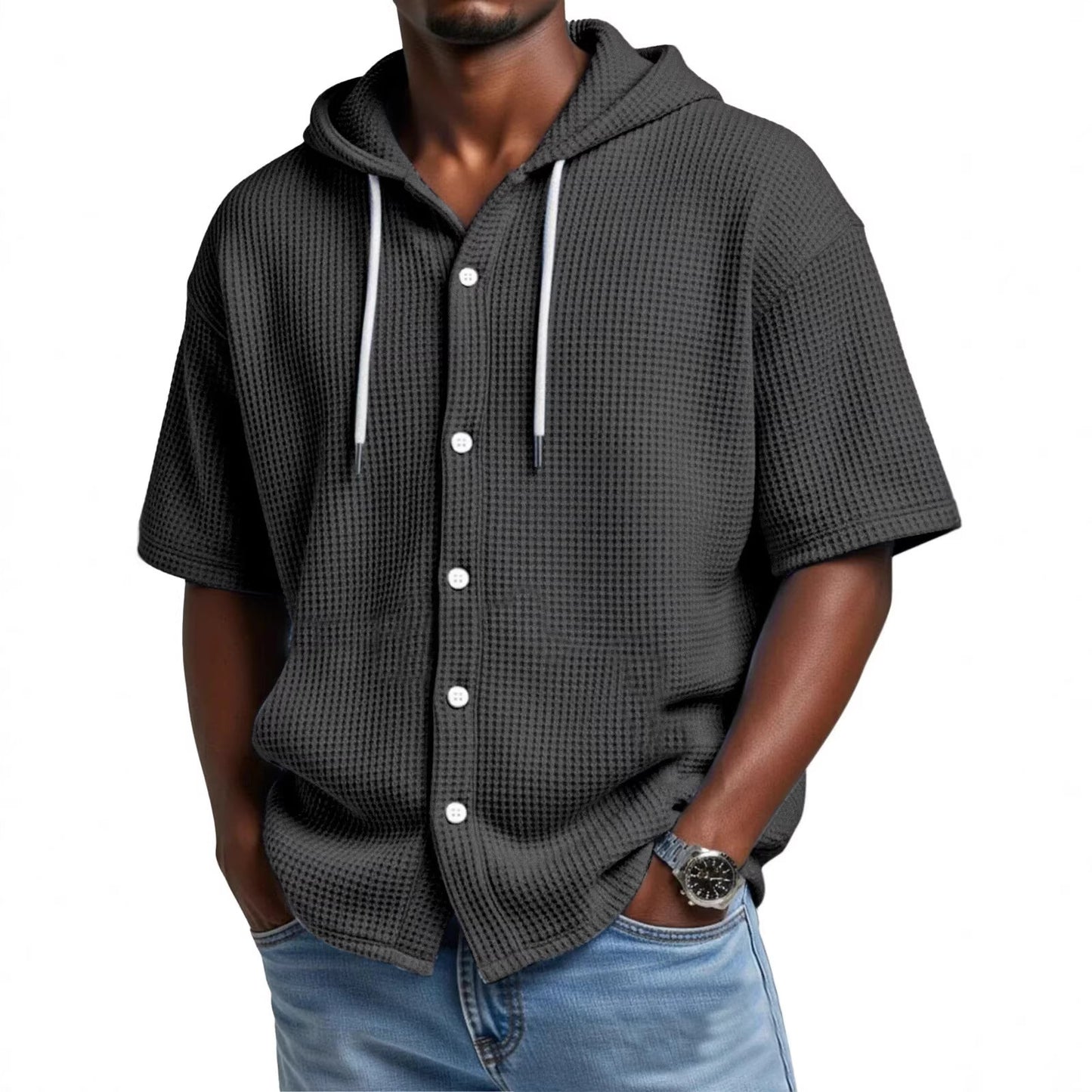 Casual Waffle Weave Hooded Short-Sleeve Top
