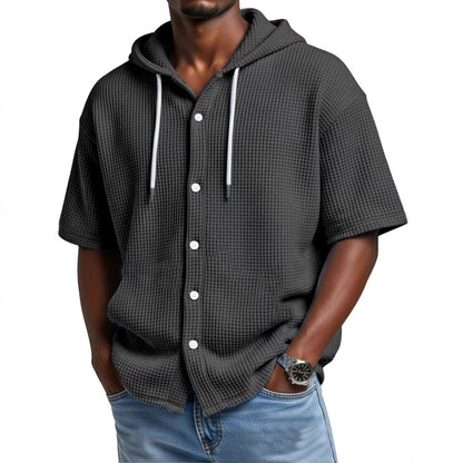 Casual Waffle Weave Hooded Short-Sleeve Top