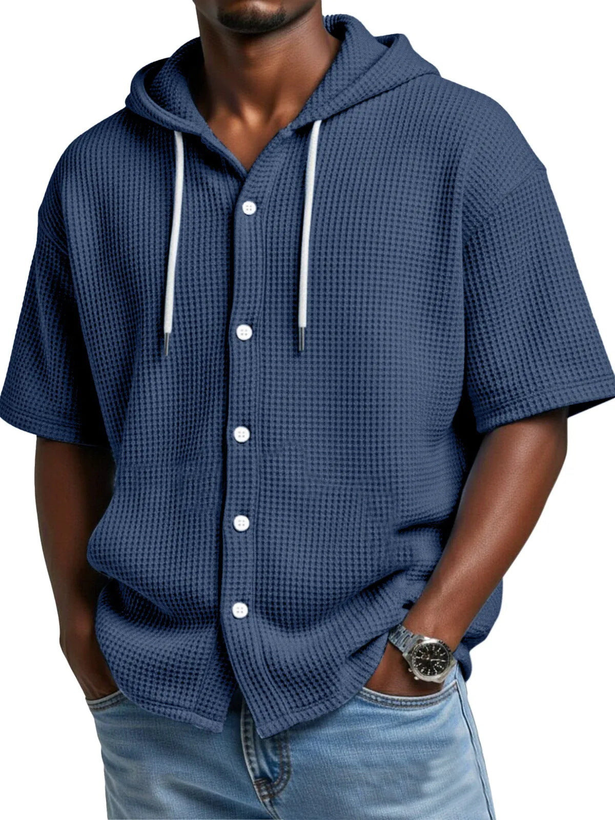 Casual Waffle Weave Hooded Short-Sleeve Top