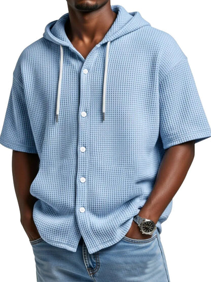 Casual Waffle Weave Hooded Short-Sleeve Top