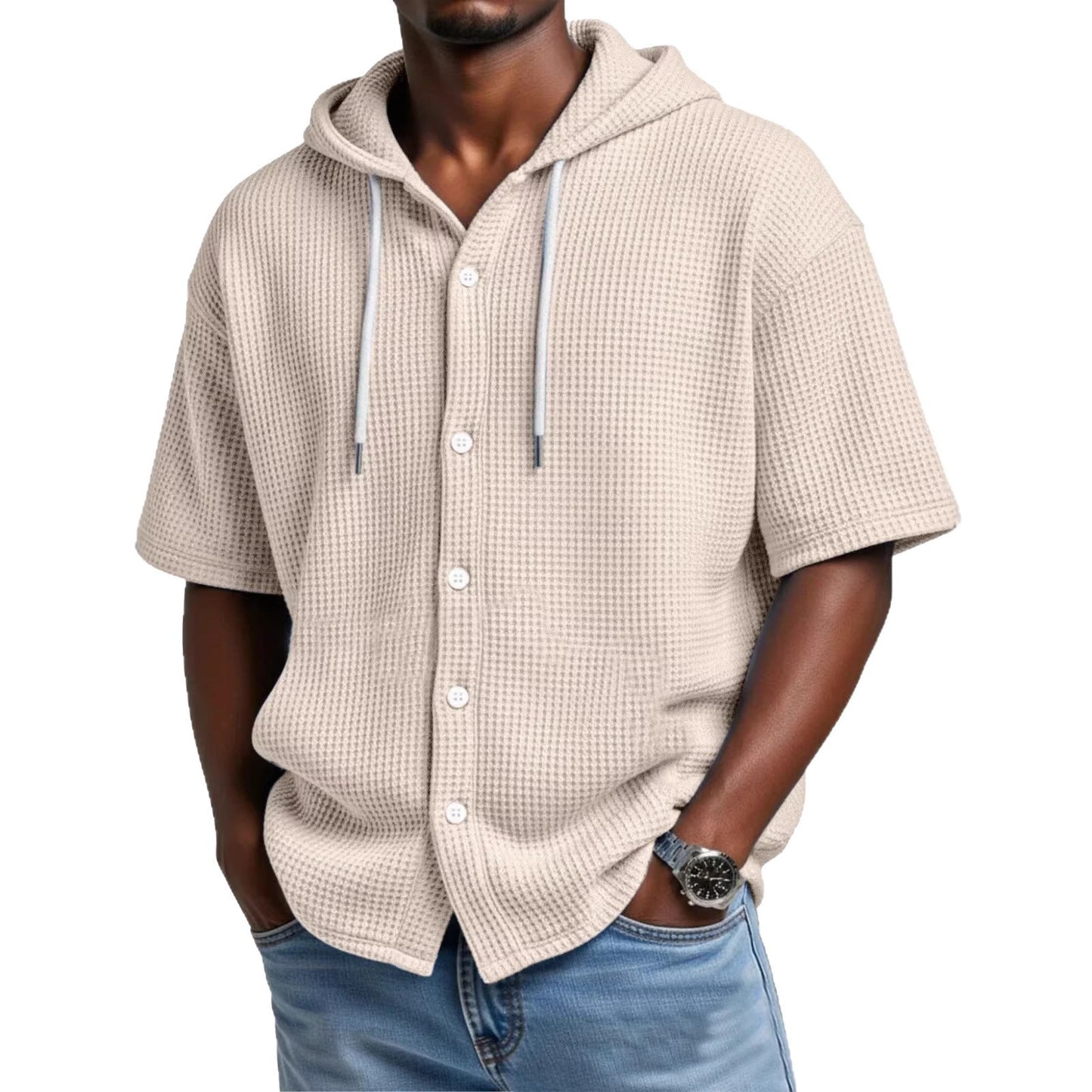 Casual Waffle Weave Hooded Short-Sleeve Top