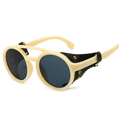 Retro Round Frame Sunglasses Personality Leather Case Sunglasses