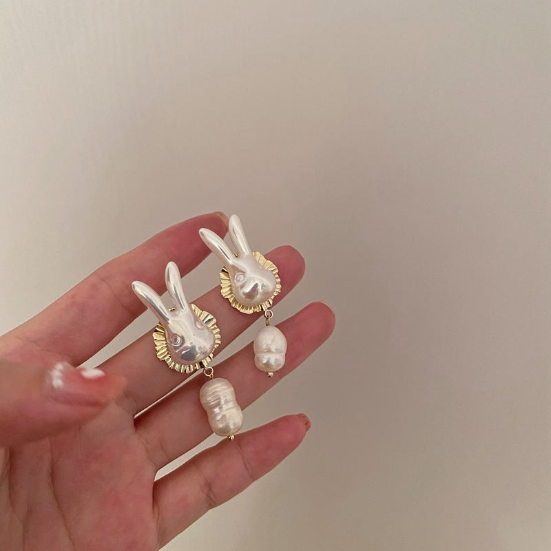 925 Silver Needle Cute Pearl Bunny
