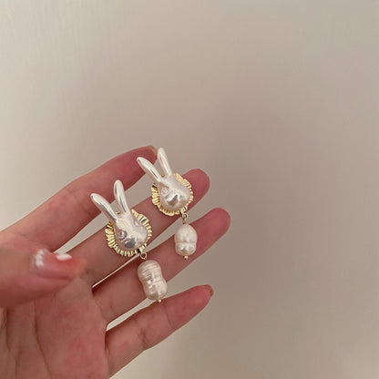 925 Silver Needle Cute Pearl Bunny