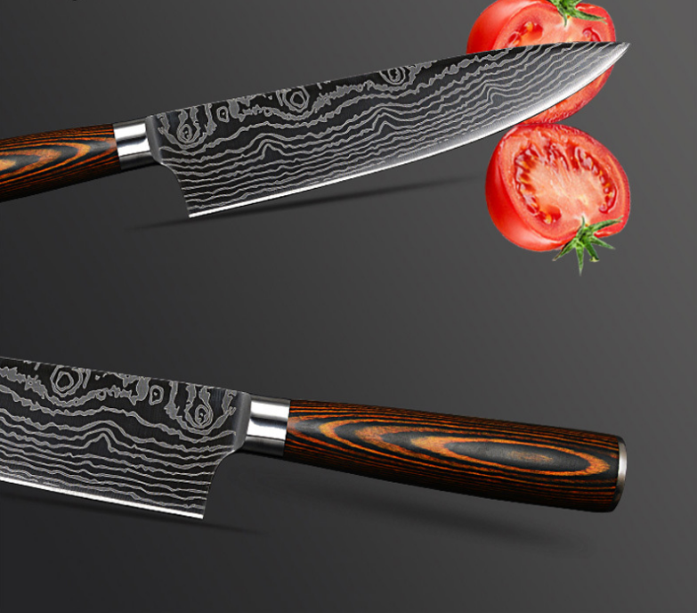 Laser wave color wood handle 8 inch steel knife