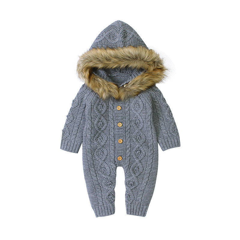 Children's hooded fur collar knitted jumpsuit