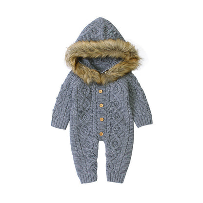 Children's hooded fur collar knitted jumpsuit