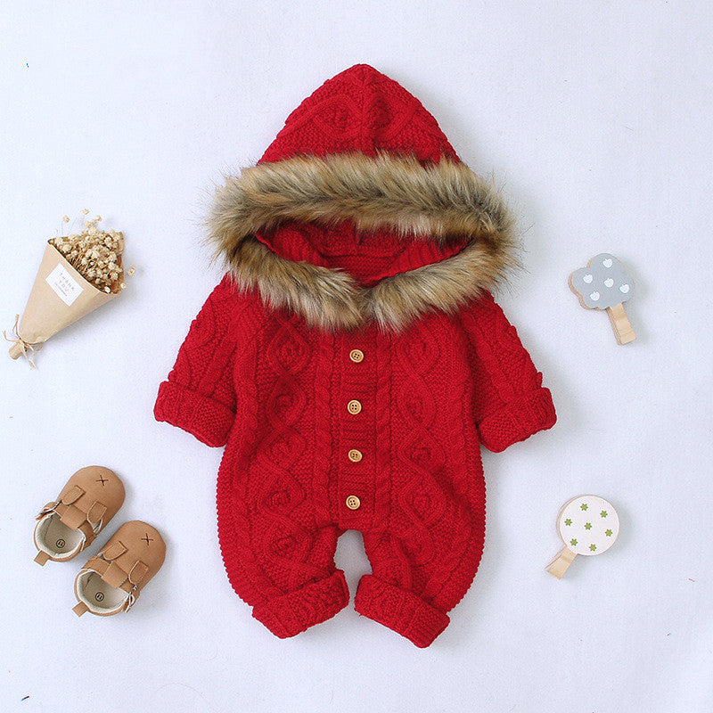 Children's hooded fur collar knitted jumpsuit