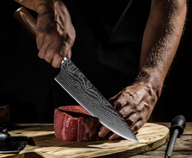 Laser wave color wood handle 8 inch steel knife