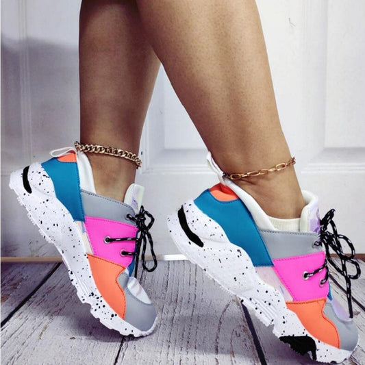 New Sports Shoes, Casual And Comfortable, Flat-Bottomed Color Matching Lace-Up Casual Shoes, Thick-Bottomed Large Size Running Shoes