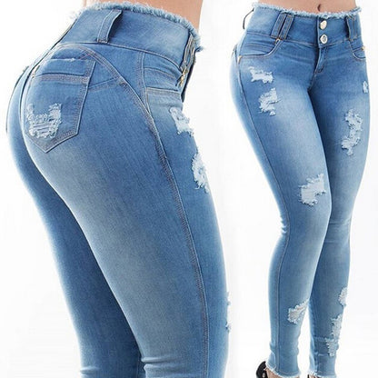New Stretchy Blue Tassel Ripped Jeans Women Fashion Casual Denim Pants Trousers For Women Pencil Skinny High Waisted Jeans
