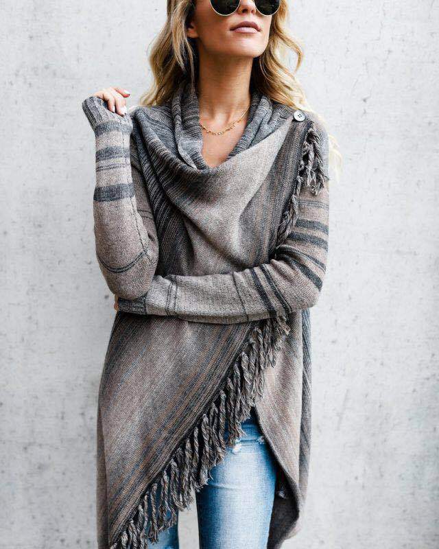 Fringe Striped Sweater Coat