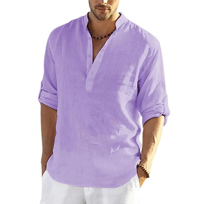 Men's Casual Cotton Linen Solid Color Long Sleeve