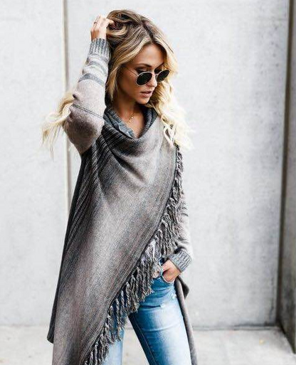 Fringe Striped Sweater Coat