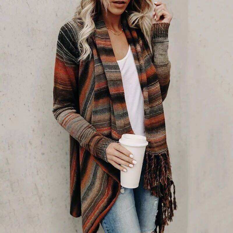 Fringe Striped Sweater Coat