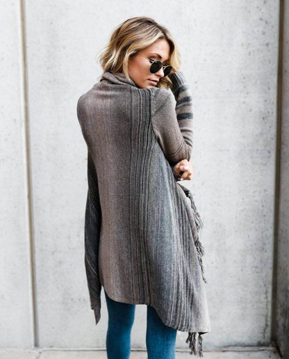 Fringe Striped Sweater Coat