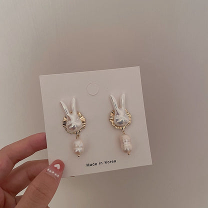 925 Silver Needle Cute Pearl Bunny