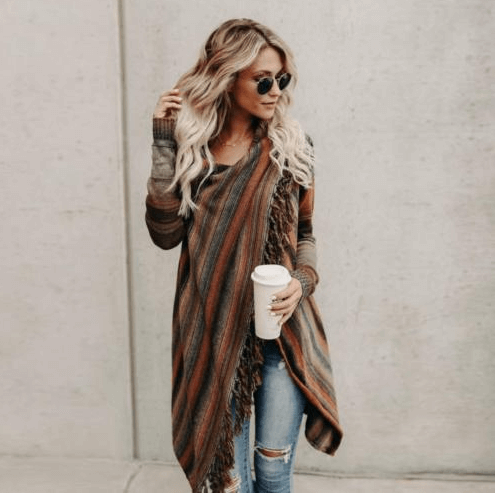 Fringe Striped Sweater Coat