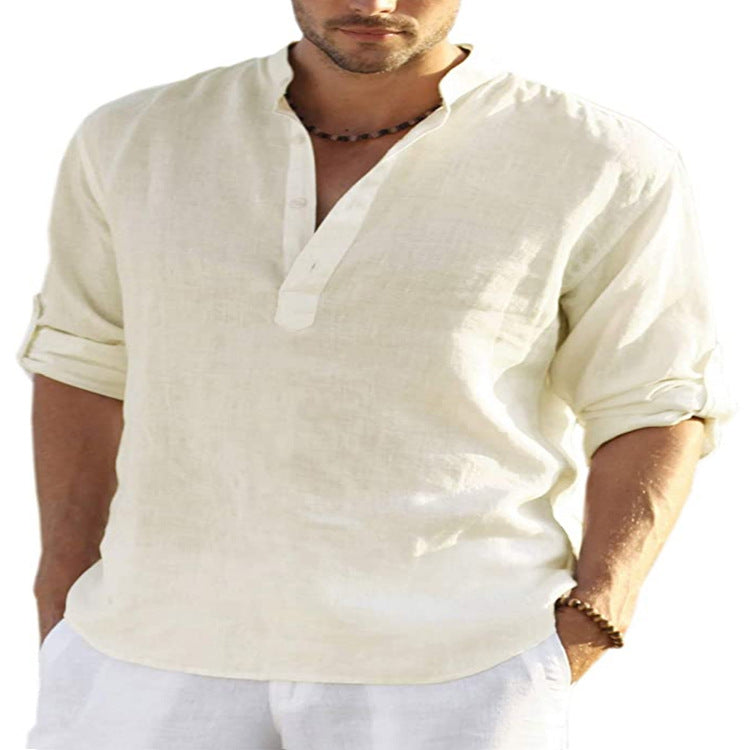 Men's Casual Cotton Linen Solid Color Long Sleeve