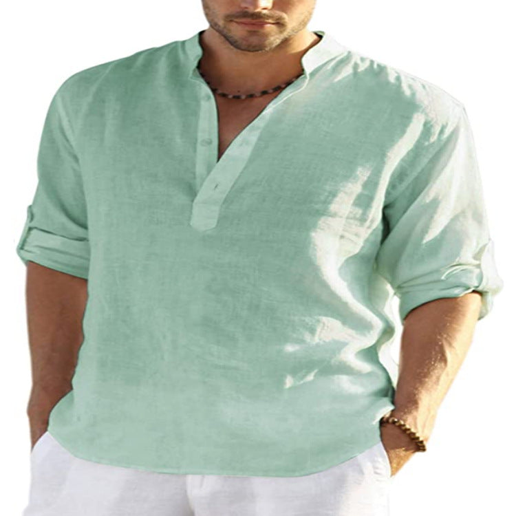 Men's Casual Cotton Linen Solid Color Long Sleeve