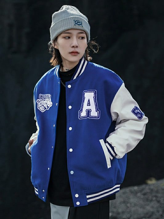 College Style Stand Up Collar Long Sleeved Three-dimensional Embroidered Letter Jacket Men