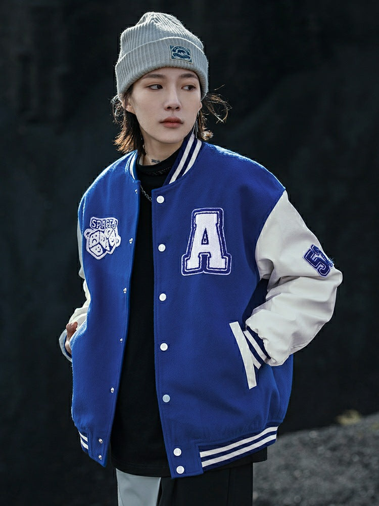 College Style Stand Up Collar Long Sleeved Three-dimensional Embroidered Letter Jacket Men