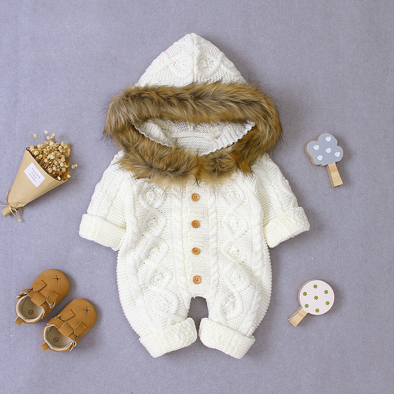 Children's hooded fur collar knitted jumpsuit