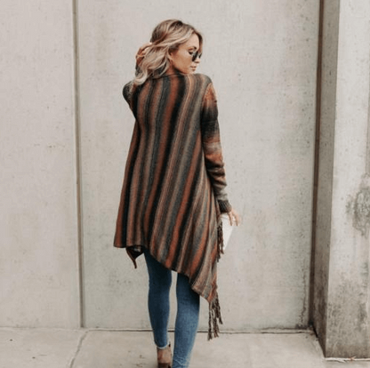 Fringe Striped Sweater Coat