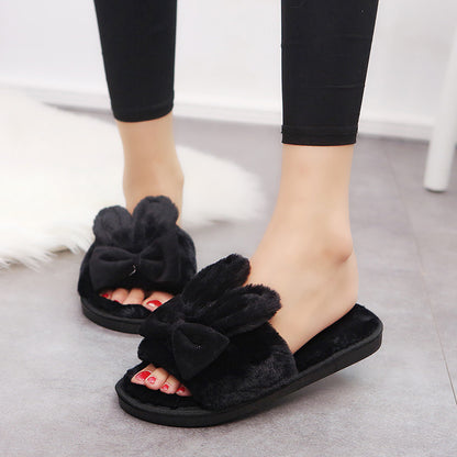 Home Furry Slippers Female Bow Rabbit Ears