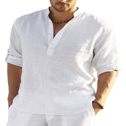 Men's Casual Cotton Linen Solid Color Long Sleeve