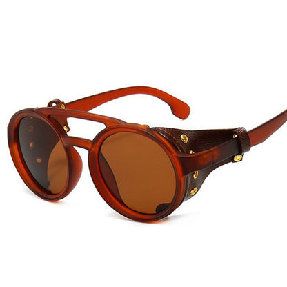 Retro Round Frame Sunglasses Personality Leather Case Sunglasses